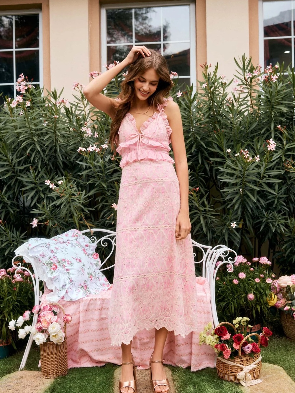 Lait Collection Helena Embroidered Chiffon Midi Dress in Blush Pink